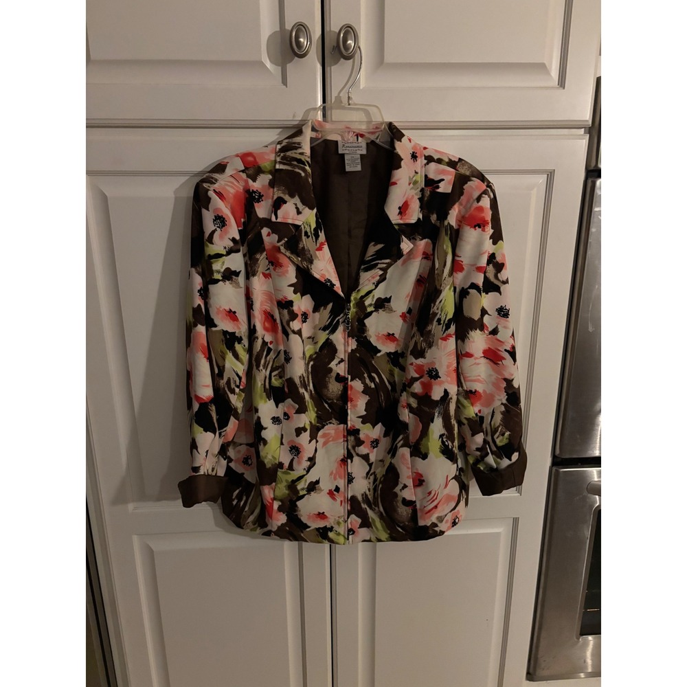 Renaissance Woman Floral Zip Front Blazer Jacket Pink Brown‎ Multi 2X RN 87935